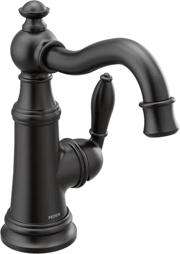 Moen S42107BL Weymouth - Grifo de lavabo de baño tradicional con un solo orificio con montaje de drenaje, negro mate Mate negro