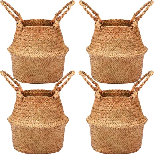Miniatura 10 de Qunclay 4 Cestas Tejidas de Hierba Marina Belly Basket Plegable Boho Natural Maceta con Asas Redonda Decorativa de Mimbre Grande para Interiores