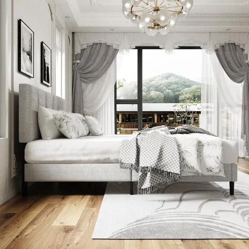 Miniatura 8 de Sismplly - Base de cama plataforma tamaño Queen con cabecero tapizado, soporte de listones de madera, sin ruido, no necesita somier, fácil montaje
