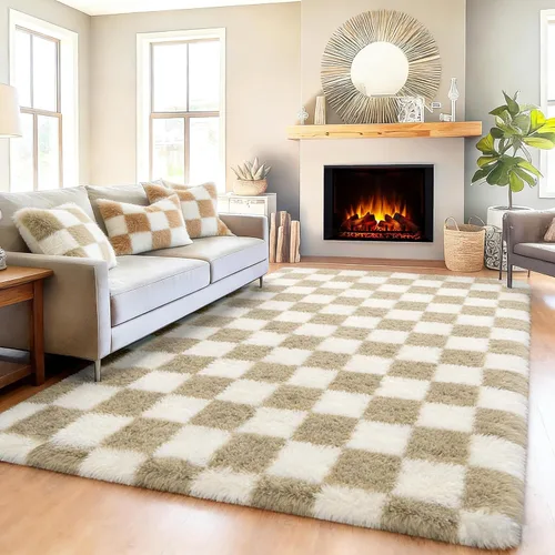 Miniatura 55 de KICMOR - Tapete a cuadros afelpado, peludo, mullido, color beige y blanco crema, pequeño, de 2 x 3 pies, para dormitorio, sala, junto a la cama
