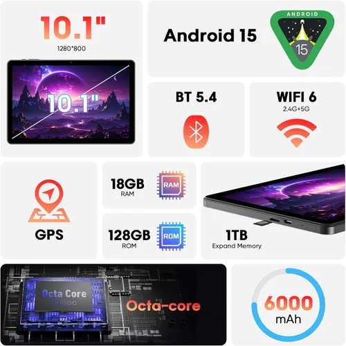 Miniatura 2 de Raemond Tablet Android 15 de 10 pulgadas con teclado y mouse, CPU octa-core, RAM 18 GB, ROM 128 GB (hasta 1 TB), 800 x 1280 Widevine L1, WiFi 6