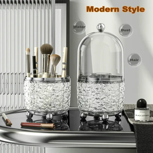Miniatura 4 de CHIRISEN Soporte giratorio para brochas de maquillaje 360 grados con tapa, a prueba de polvo, para encimera de baño, organizador de herramientas