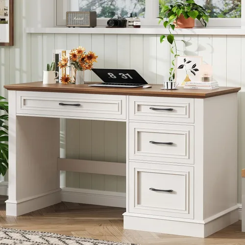 Miniatura 12 de Escritorio para computadora de granja de 47.2 pulgadas con cajón de archivos ajustable, 3 cajones, escritorio ejecutivo reversible con soporte