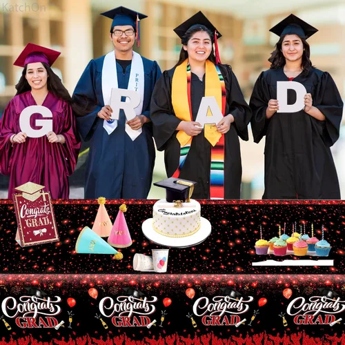 Miniatura 2 de KatchOn Decoraciones de graduación rojas y negras 2026 – XtraLarge 108 x 54 pulgadas, paquete de 3 Mantel de graduación de felicitaciones