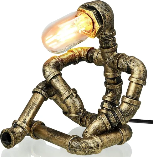 Miniatura 7 de VIHOSE Lámpara de mesa de tubo de metal, lámpara de escritorio de estilo robot creativo, luz industrial vintage para hombres, mesita de noche, bar