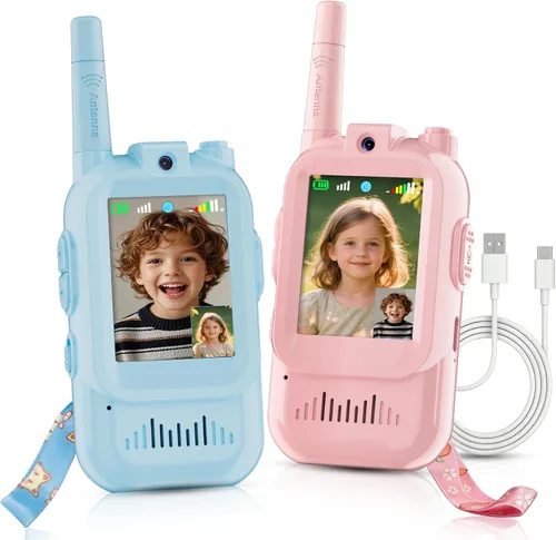 Miniatura 12 de Walkie Talkie para niños con video: paquete de 2 juguetes recargables para niños pequeños con cámara HD y cambiador de voz, juguetes de regalo