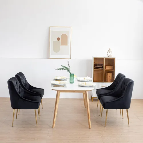 Miniatura 8 de Juego de 2 sillas de comedor modernas, sillas de comedor tapizadas de mediados de siglo, sillas de comedor de terciopelo con patas doradas para Negro