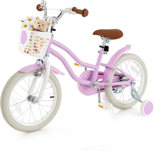 Miniatura 15 de COSTWAY Bicicleta para niños de 12, 14, 16, 18 pulgadas, bicicleta para niños con ruedas de entrenamiento, frenos de mano y posavasos, sillín