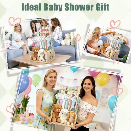 Miniatura 5 de Okydoky Armario de madera para baby shower, cesta de regalo con asa, con colgador de ropa y guirnalda, cesta personalizada para baby shower