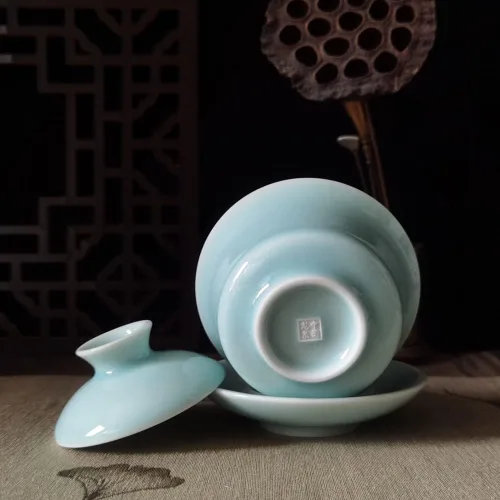 Miniatura 5 de Gaiwan Kung Fu - Juego de tazas de té y platillo de porcelana con tapa, 5 onzas (azul cielo)