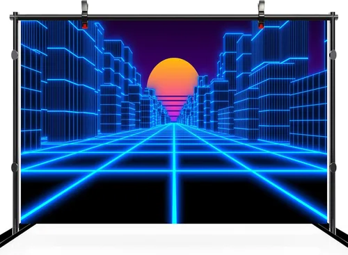 Miniatura 3 de 15x10ft Cyber Landscape Backdrop Blue City Retro Futuristic 80's Neon Cyberpunk Laser Grid Sun Background Comic Game Punk Birthday Wedding Party