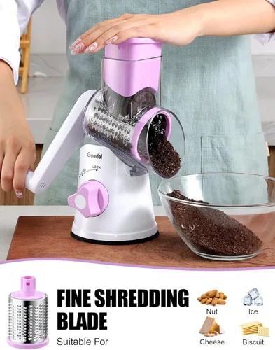 Miniatura 5 de Rallador de queso giratorio Geedel, rallador de mandolina de cocina para vegetales con 3 cuchillas intercambiables, rallador giratorio fácil