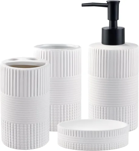 Miniatura 8 de Juego de Accesorios de Baño Negro Mate, Juego de Baño de Cerámica con Relieve de 4 Piezas Completo - Portacepillos de Dientes, Dispensador de Jabón