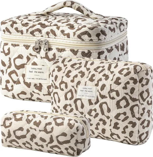 Miniatura 14 de HBselect Bolsa de maquillaje acolchada, 3 piezas de algodón grande, bolsa de maquillaje de viaje, bonita bolsa de maquillaje floral de coqueta