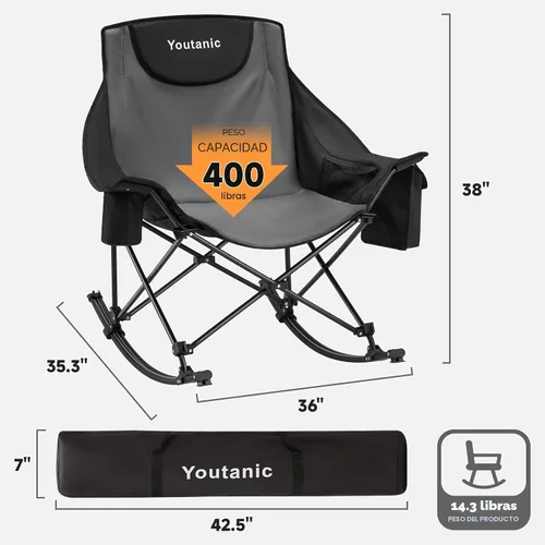 Miniatura 2 de Youtanic Silla mecedora plegable de gran tamaño, silla mecedora portátil acolchada con bolsillos, portavasos y bolsa de transporte, silla de patio