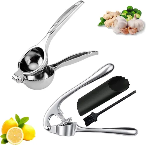 BESTonZON Juego de prensa de ajo y exprimidor de limón, picadora y peladora de ajo de acero inoxidable, exprimidor manual de cítricos y jengibre con