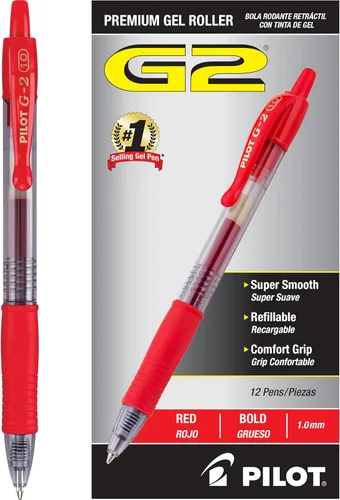 Pilot G2 Bolígrafos de gel premium con punta rodante, punta gruesa de 1 mm, bolígrafos rojos, paquete de 12 - Ideal para la escuela, escritura en