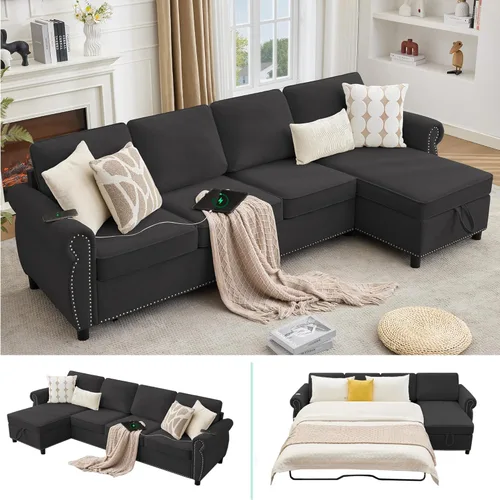 Miniatura 10 de 106" L Shaped Pull Out Sofa Bed, Modern Modular 4 Seater Storage Couch, 2-in-1 Sleeper Sofa Bed with Reversible Chaise and Wireless&USB Ports