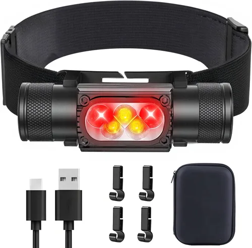 Miniatura 10 de Linterna frontal recargable, 2000 lúmenes, lámpara LED súper brillante para adultos, IP67 impermeable recargable con 9 modos, linterna de cabeza