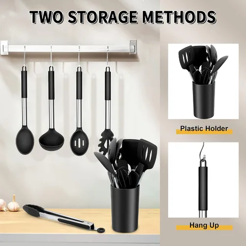 Miniatura 6 de E-far Juego de utensilios de cocina de silicona, juego de utensilios de cocina negros de 14 piezas con soporte, espátulas de herramientas de cocina