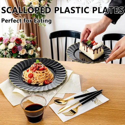 Miniatura 4 de Ciaell 175 platos de plástico festoneado negro con ribete dorado, cubiertos de plástico negro con asa, juegos de vajilla de alta gama para bodas