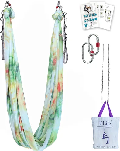 Miniatura 12 de F.Life Kit de hamaca de yoga aéreo, columpio de yoga, multicolor, 5 yardas, yoga volador, incluye cadena de margarita, mosquetón y guía de postura