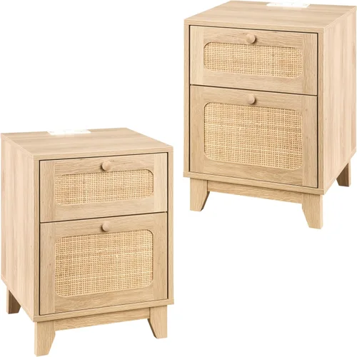 Miniatura 11 de Betterhood Mesitas de noche de ratán con estación de carga, mesitas de noche de madera con cajón y gabinete, mesitas de noche bohemias con USB