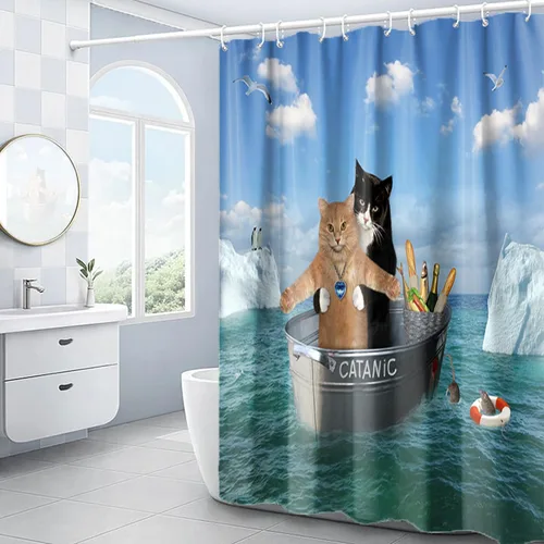 Miniatura 8 de Domoku Cortina de ducha de gato con diseño divertido de cosplay de gatito en pareja en el océano, cortinas de baño para gatos lindas y divertidas