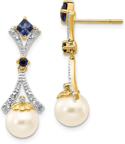 Pendientes de oro amarillo macizo de 14 quilates, 0.276 0.315in, perlas cultivadas de agua dulce, color azul zafiro de septiembre, con piedras
