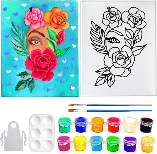 INDIGO ART STUDIO Kit de pintura de lienzo predibujado para adultos y niños, estirado y estarcido, actividad artística, niña de las flores #1