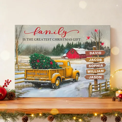 Miniatura 3 de Easycosy - Lienzo personalizado de Navidad para pared, póster vintage de camión rojo con nombre de familia, impresión en lienzo de Navidad