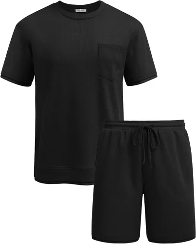Miniatura 44 de COOFANDY Conjunto de camisa y pantalones cortos de gofre para hombre, conjunto de 2 piezas, conjunto casual de verano con bolsillos
