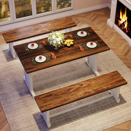 Miniatura 4 de Tribesigns Juego de mesa de comedor pequeña de 47 pulgadas para 2, mesa de cocina de 3 piezas con 2 bancos, muebles de cena de madera de granja