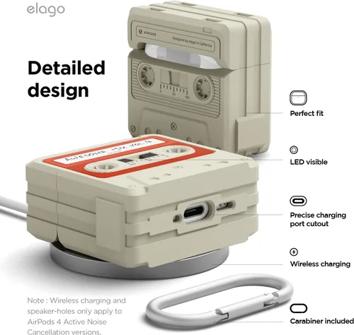 Miniatura 6 de elago Funda de Cinta de Casete Compatible con Estuche AirPods 4 - Mosquetón Incluido, Soporta Carga Inalámbrica, Resistente a Golpes, Protección