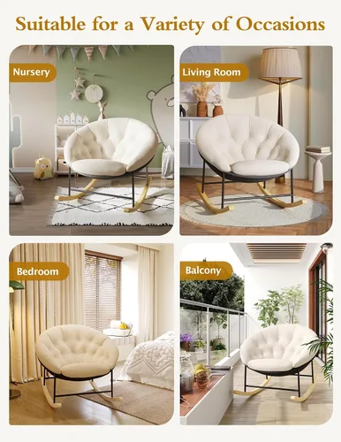 Miniatura 9 de Kidirect Mecedora para Guardería, Mecedoras Modernas Tapizadas para Guardería y Silla de Lectura Redonda con Cojín Removible, Cómoda Mecedora Crema