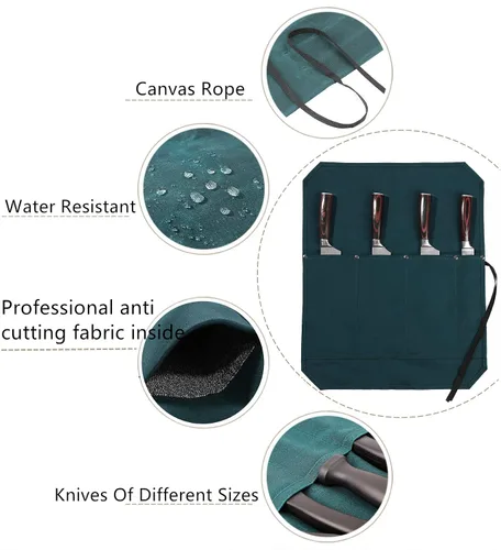 Miniatura 4 de Denifiter Bolsa enrollable para cuchillos de chef, duradera funda para cuchillos de lona encerada de 16 onzas con 4 ranuras, bolsa profesional
