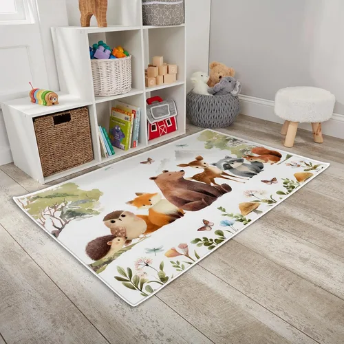 Miniatura 12 de HawSkgFub Alfombra de área de juegos de animales de selva africana para niños y niñas pequeños, elefante, jirafa, león, cebra, antideslizante, Safari