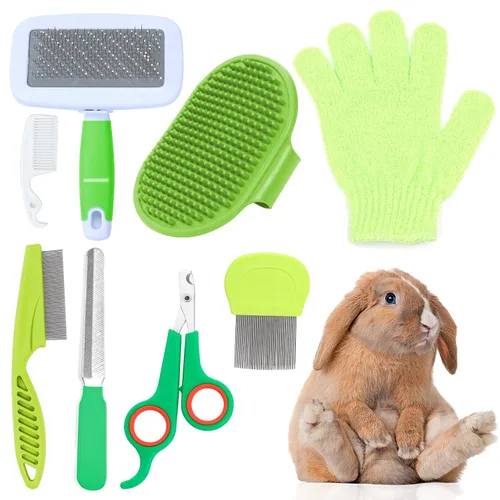 Miniatura 10 de VCZONE Kit de aseo para animales pequeños de 8 piezas, kit de aseo para conejos con cortaúñas y lima para mascotas, peine antipulgas, cepillo