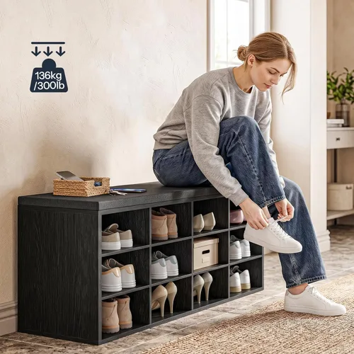 Miniatura 4 de HOOBRO Shoe Storage Bench with Cushion, 39.4" L Entryway Bench with 12 Cubbies, Entryway Hall Tree with Storage, Cubby Shoe Rack Bench with Coat