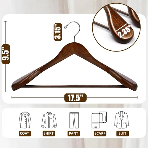 Miniatura 2 de Amber Home Paquete de 6 perchas de madera con hombros anchos de nogal con barra antideslizante para pantalones, perchas de madera maciza