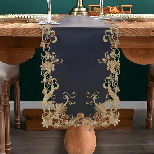 Miniatura 18 de DECOZEN Camino de Mesa Navideño Dorado con Ciruela – Bufanda Decorativa Bordada para Comedor y Tocador para Mesas Navideñas, Bodas y Fiestas – 14 x