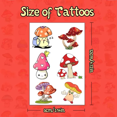Miniatura 3 de (144 unidades) Calcomanías de tatuajes temporales de hongos para fiesta de hongos, suministros de decoración de fiesta de cumpleaños, regalos