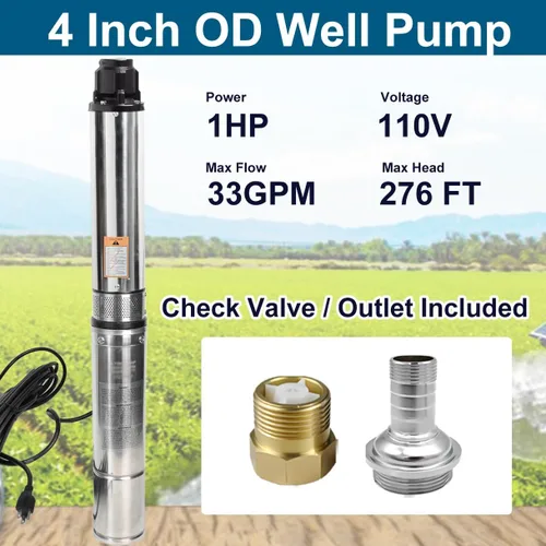 Miniatura 2 de Bomba sumergible de pozo profundo de 4 pulgadas, 1 HP, 110 V, 60 Hz, 33 GPM, cabezal máximo de 276 pies, bomba de pozo de acero inoxidable