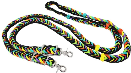 Miniatura 3 de CHALLENGER Pro Rider Hand Braided Multicolored Nylon Horse Barrel Reins w/Snaps 607152