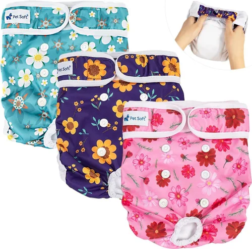 Pet Soft Pañales lavables para mujer (paquete de 3) – Pañales para perros femeninos, cómodos pañales reutilizables para perritos en el calor de