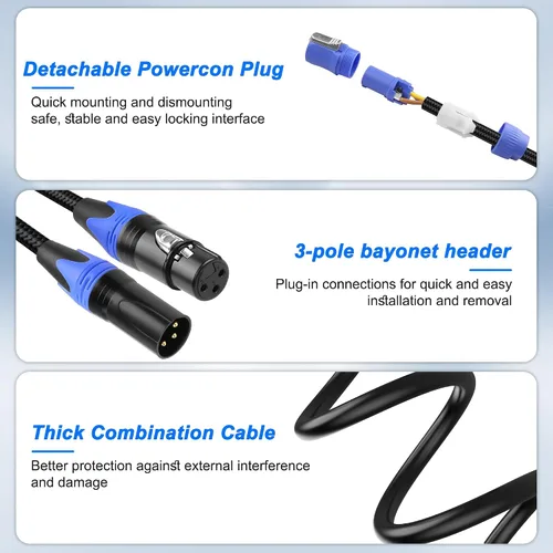 Miniatura 4 de XMSJSIY PowerCon/XLR Cable de enlace combinado de audio de 16 AWG, 3 pines, entrada de CA PowerCon a salida y cable combinado de audio XLR macho a