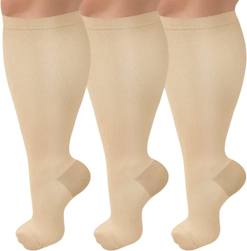 Paquete de 3 calcetines de compresión de talla grande para mujeres y hombres, medias extra anchas de pantorrilla hasta la rodilla para soporte de