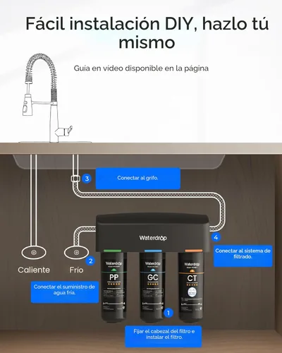 Miniatura 6 de Waterdrop TSA filtro de agua de 3 etapas debajo del fregadero, conexión directa al grifo del hogar, elemento certificado NSF/ANSI 42, EE.UU. Tech