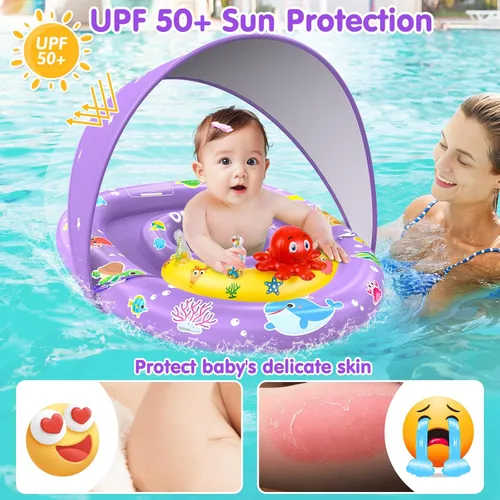 Miniatura 2 de EZIGO Baby Pool Float with Canopy UPF 50+ Sun Protection, Double Air Chambers Infants Swimming Floats with Sound Toys Adjustable Safety Seat Toddler