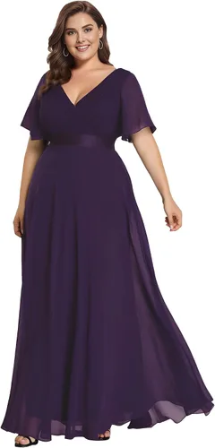 Miniatura 182 de Ever-Pretty Vestido formal para mujer, Navidad, Año Nuevo, cuello en V, gasa, talla grande, largo hasta el suelo, vestido de dama de honor